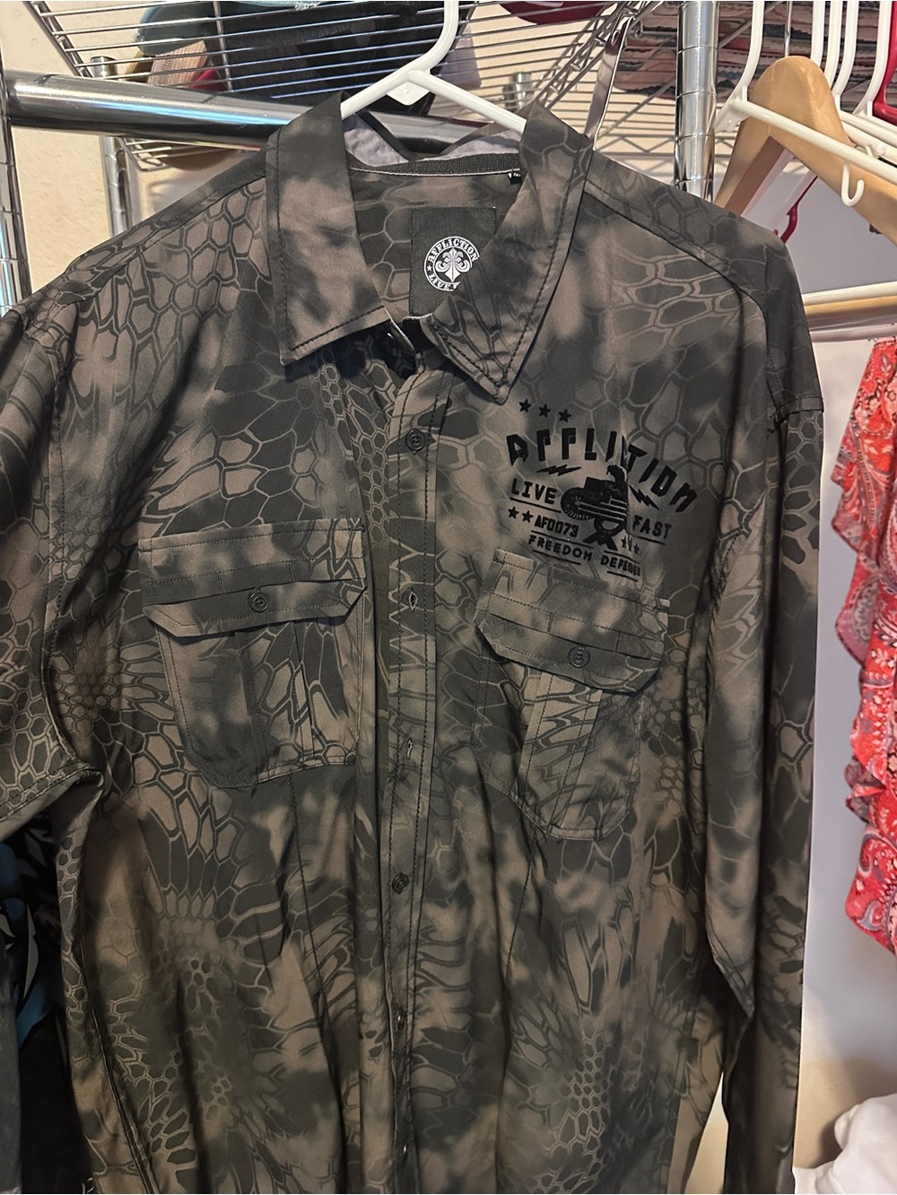 Affliction Olive Green Snake-Print Button Shirt